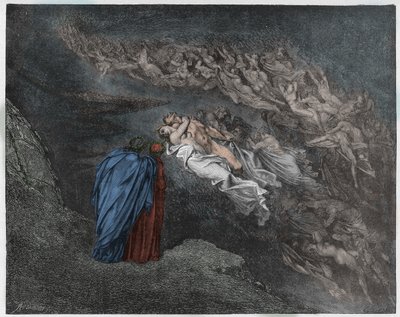 Inferno, Canto 5: De ziel van Francesca Da Rimini spreekt tot Dante, illustratie uit De Goddelijke Komedie van Dante Alighieri, 1885 (digitaal ingekleurde gravure) door Gustave after Dore